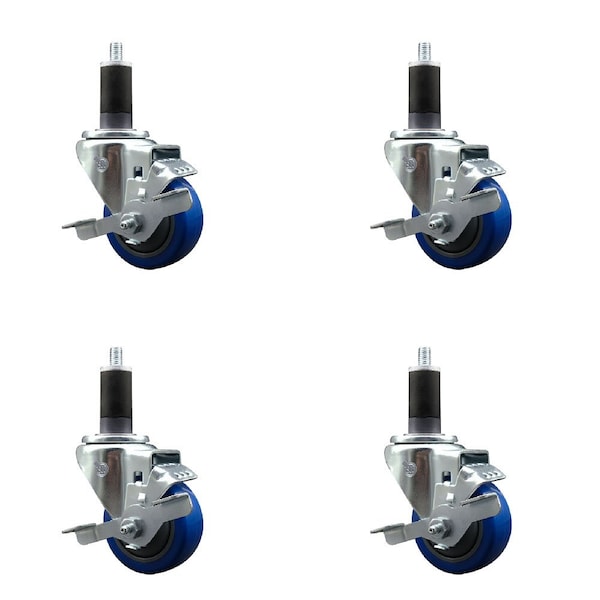 Service Caster 3'' SS Blue Poly Swivel 1-1/4'' Expanding Stem Caster Set with Brake, 4PK SCC-SSEX20S314-PPUB-BLUE-TLB-114-4 - main